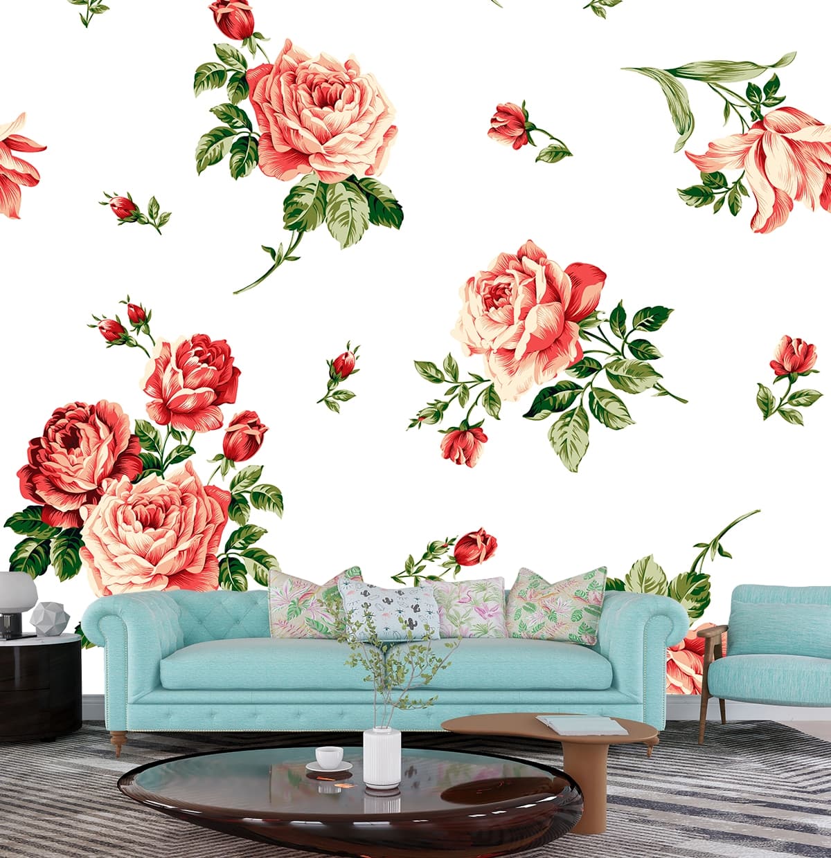 A Romantic Rose Motifs Wallpaper Mural shown in a room