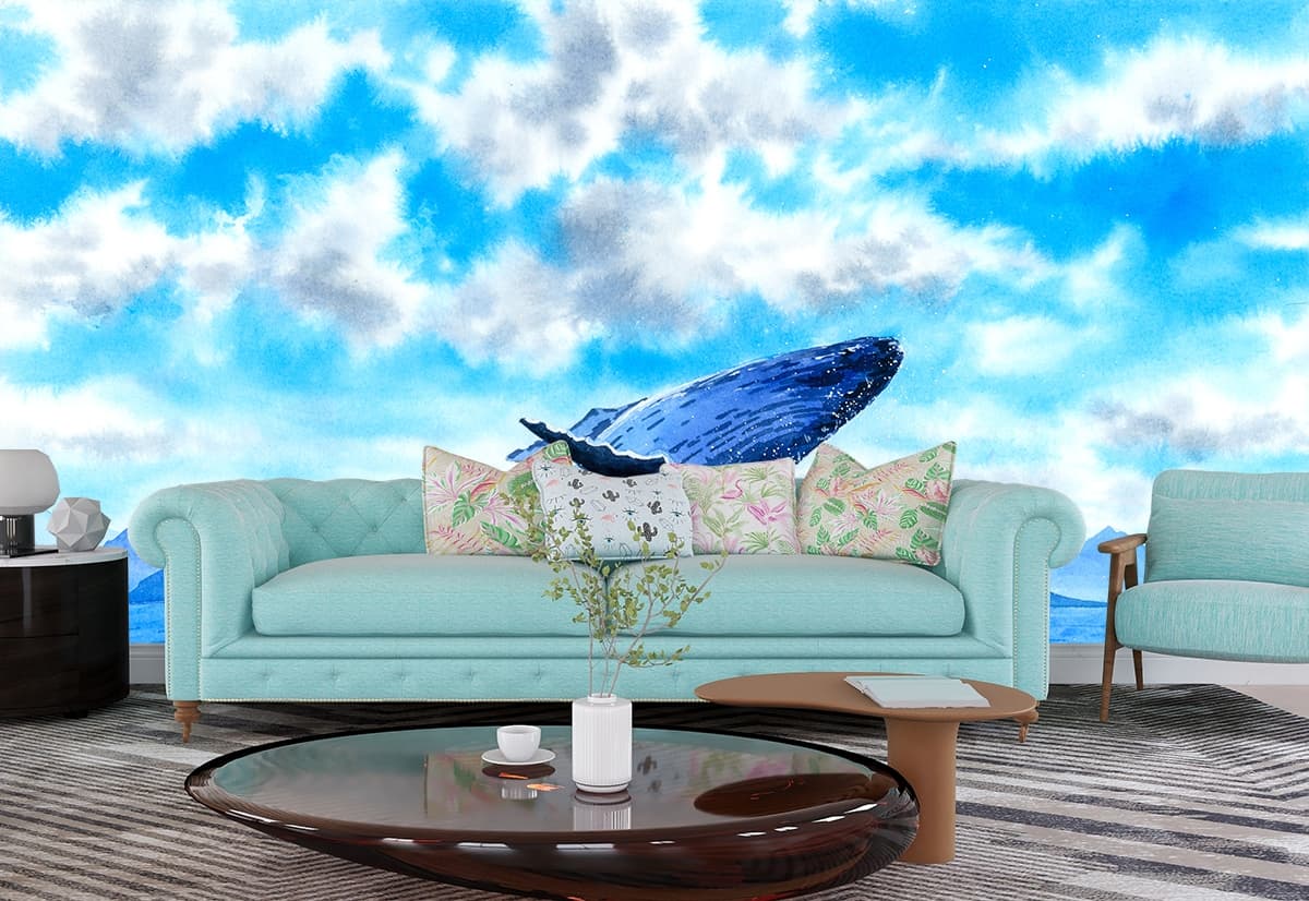 Blue Whale Jumping Out of The Ocean Wallpaper shown in a room