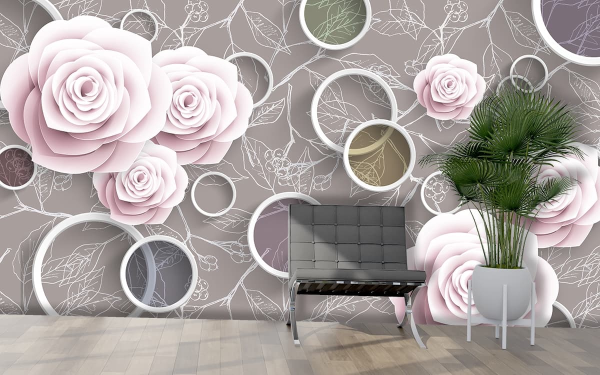 A wallpaper with flowers and circles shown in a room