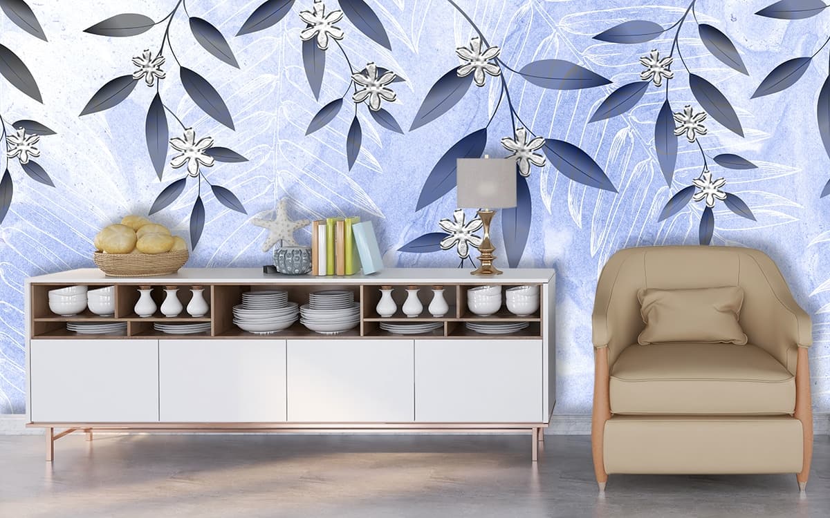 Blue and White Floral Background Elegant Wallpaper shown in a room