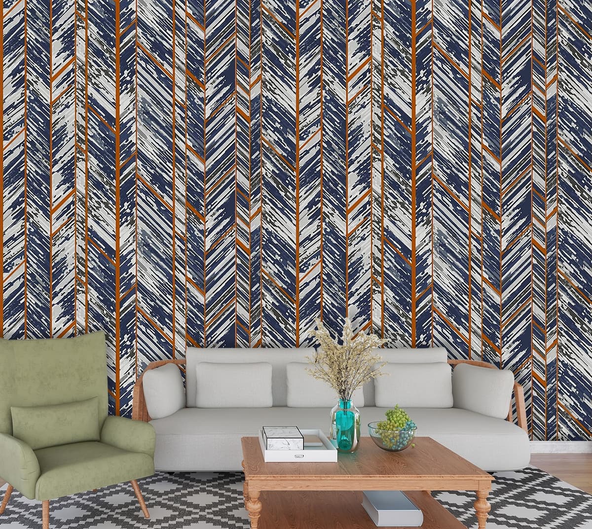 Classic Blue and White Striped Pattern Minimal Wallpaper shown in a room