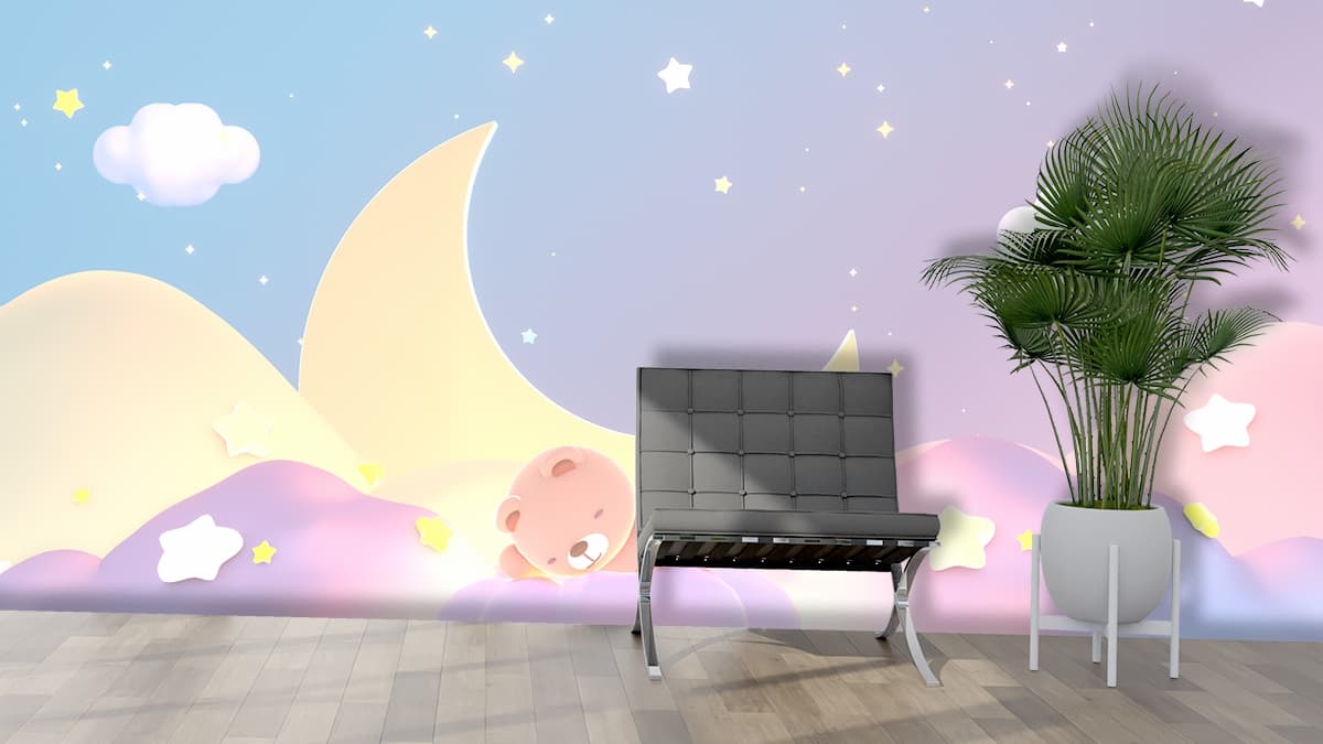 Cute Sleeping Teddy Wallpaper for Kids Room shown in a room