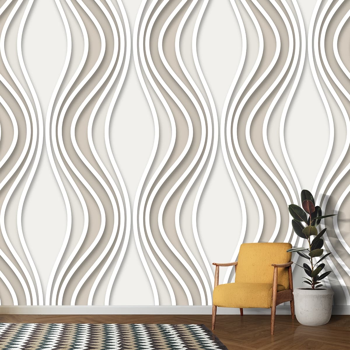 Elegant White Tan Wavy Pattern Neutral Tone Wallpaper shown in a room