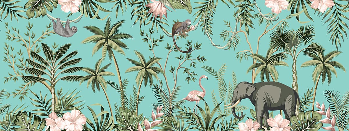 Jungle Theme Animals and Palm Trees Wallpaper pattern detail