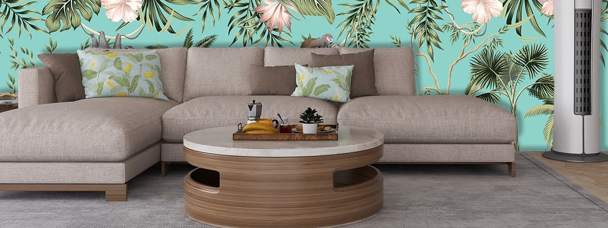 Jungle Theme Animals and Palm Trees Wallpaper shown in a room