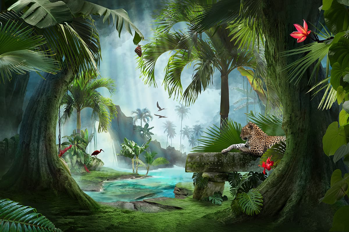 Surreal Leopard on Bench Jungle Design wallpaper pattern detail
