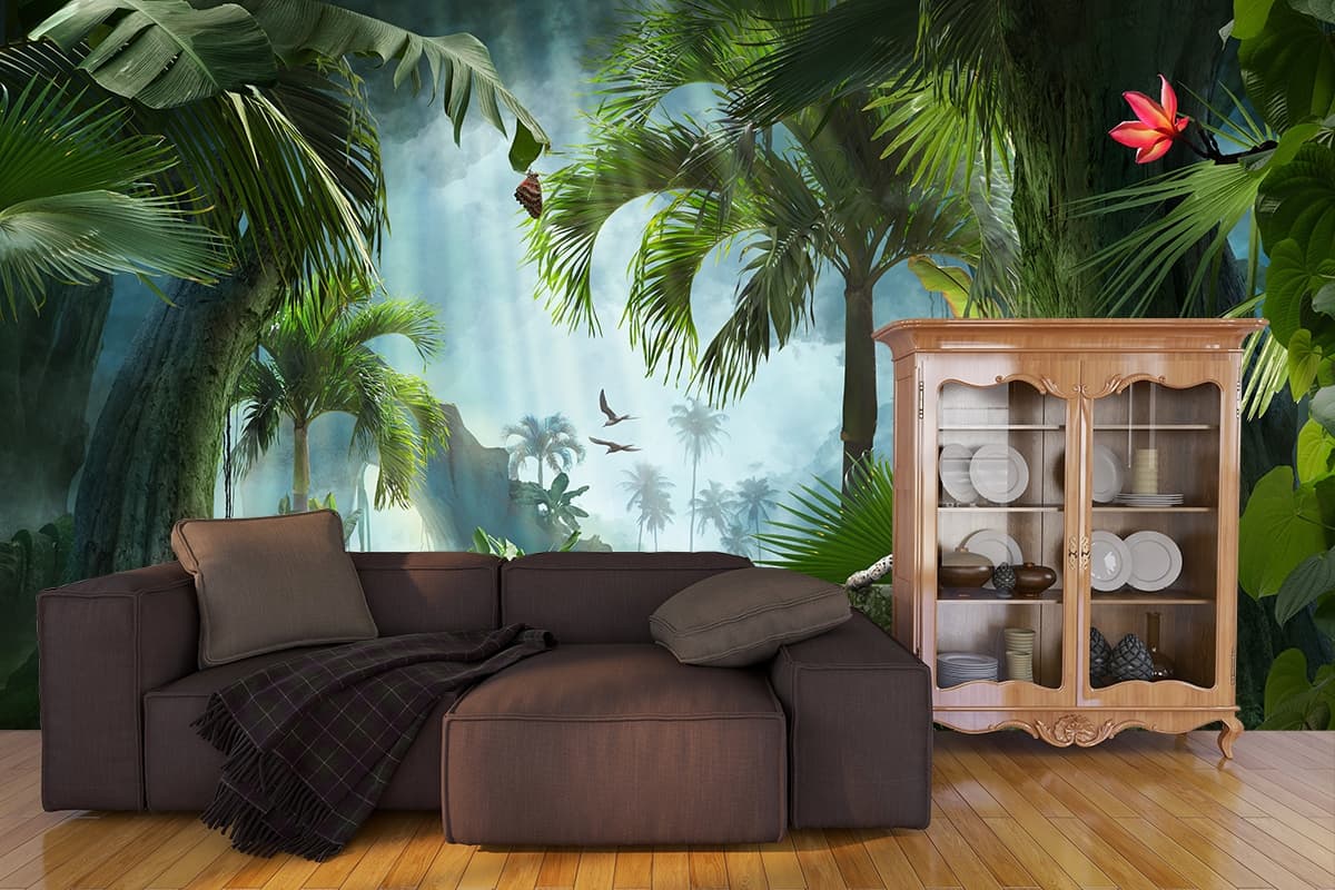 Surreal Leopard on Bench Jungle Design wallpaper shown in a room
