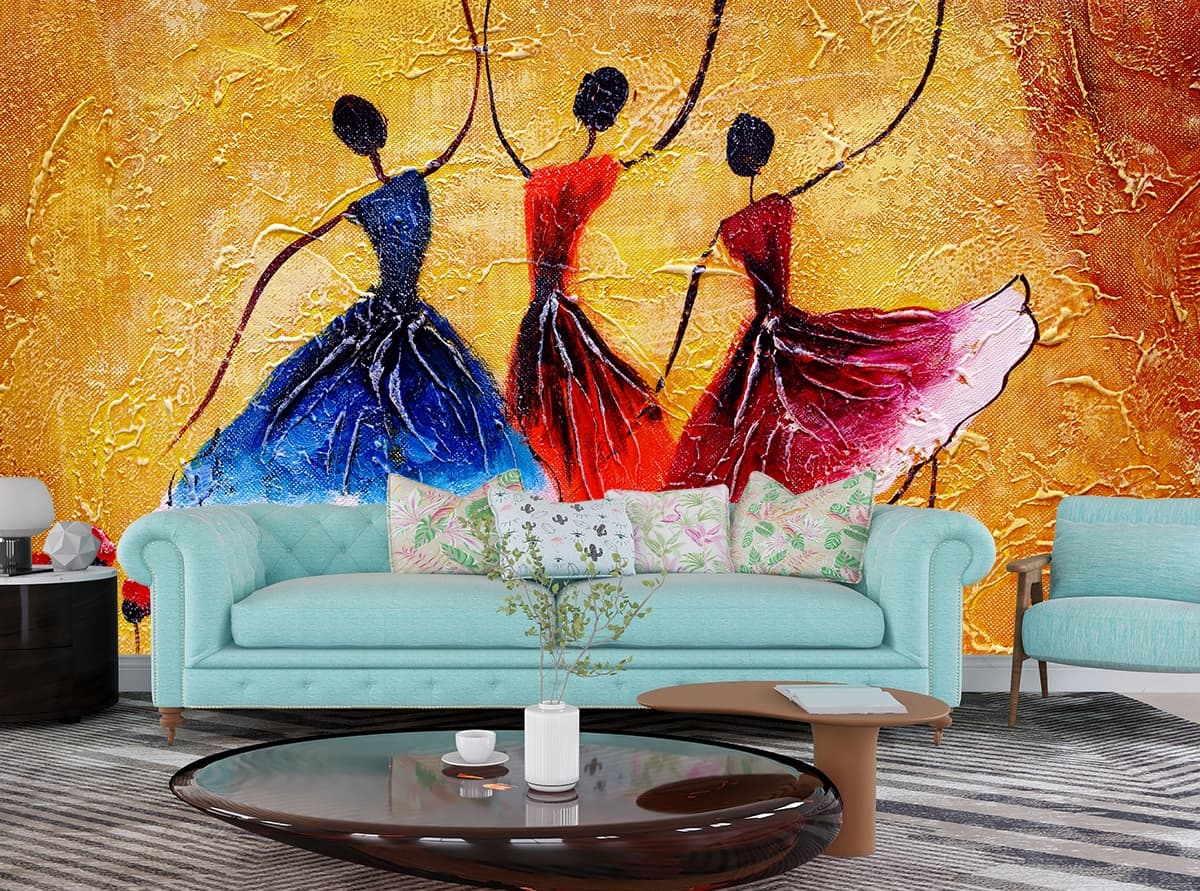 Spanish Dance Painting of Three Women Wallpaper shown in a room