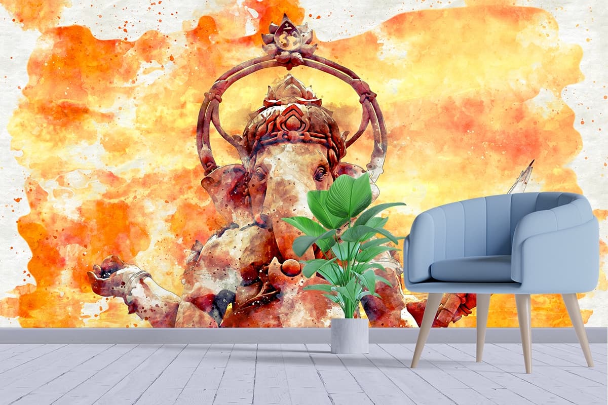 Artistic Watercolor Ganesh ji Wallpaper shown in a room