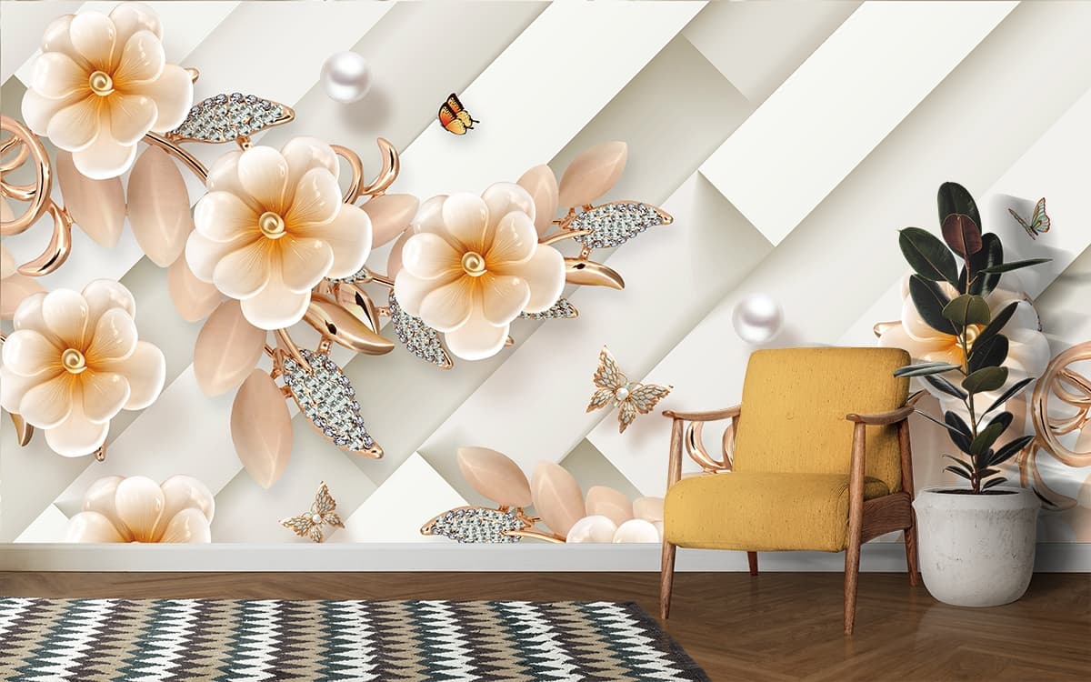A Wallpaper With Flowers And Pearls shown in a room
