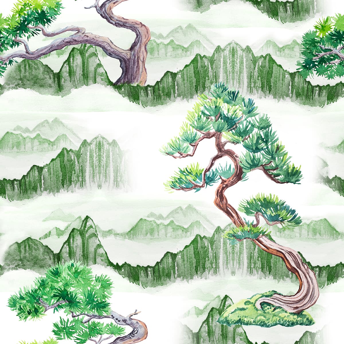Watercolor Trees and Mountains Nature Wallpaper pattern detail