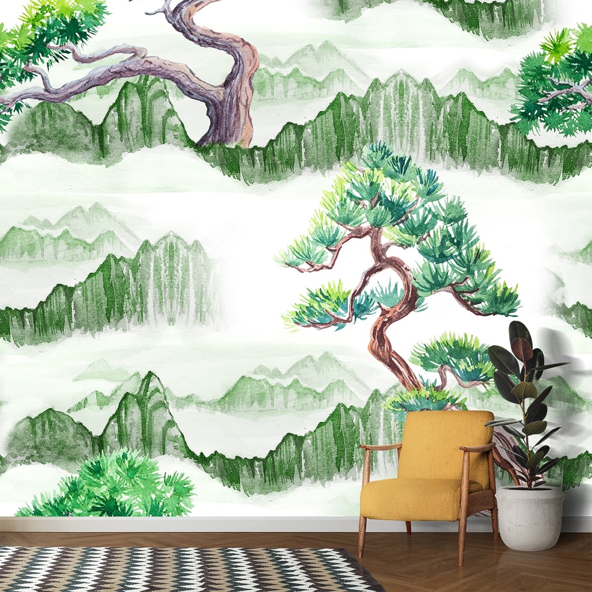 Watercolor Trees and Mountains Nature Wallpaper shown in a room