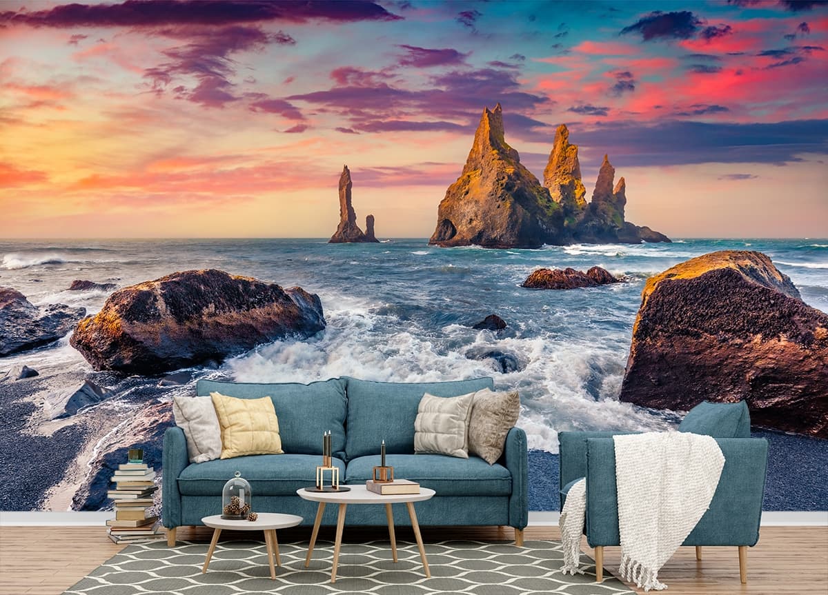 Coastal Rocky Shore with Ocean Rocks Landscape Wallpaper shown in a room