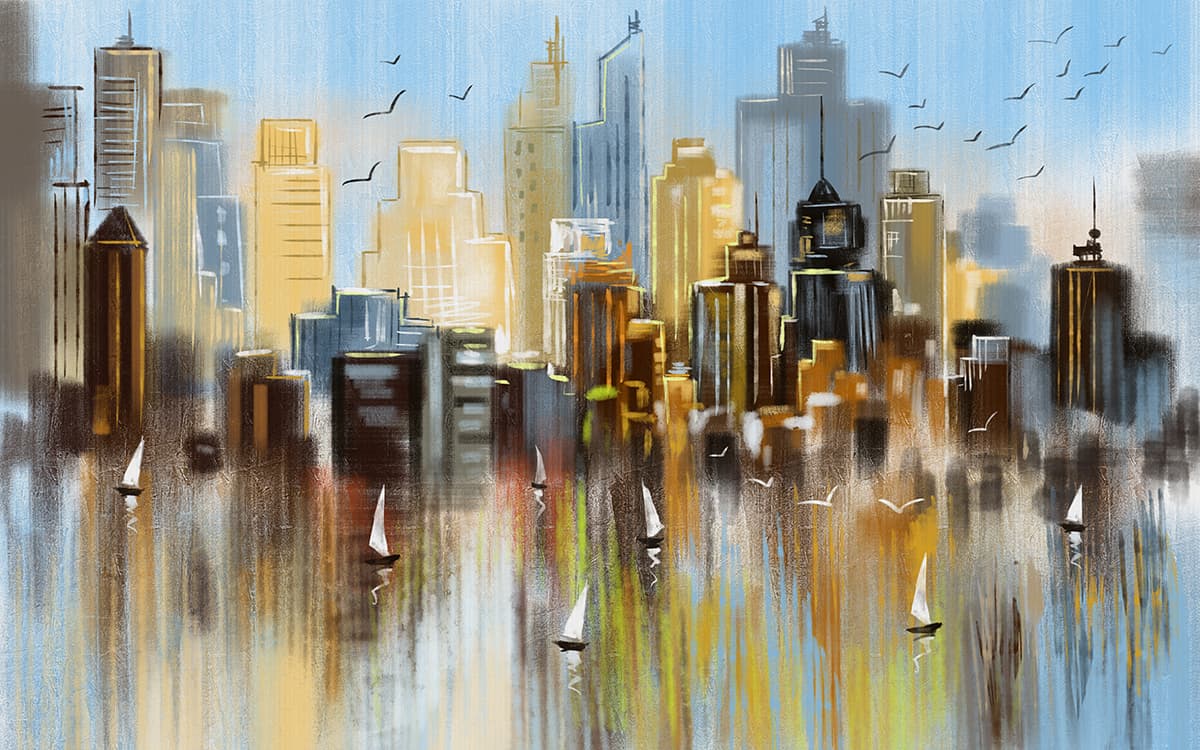 Premium Urban Water Scene with Sailboats Wallpaper pattern detail
