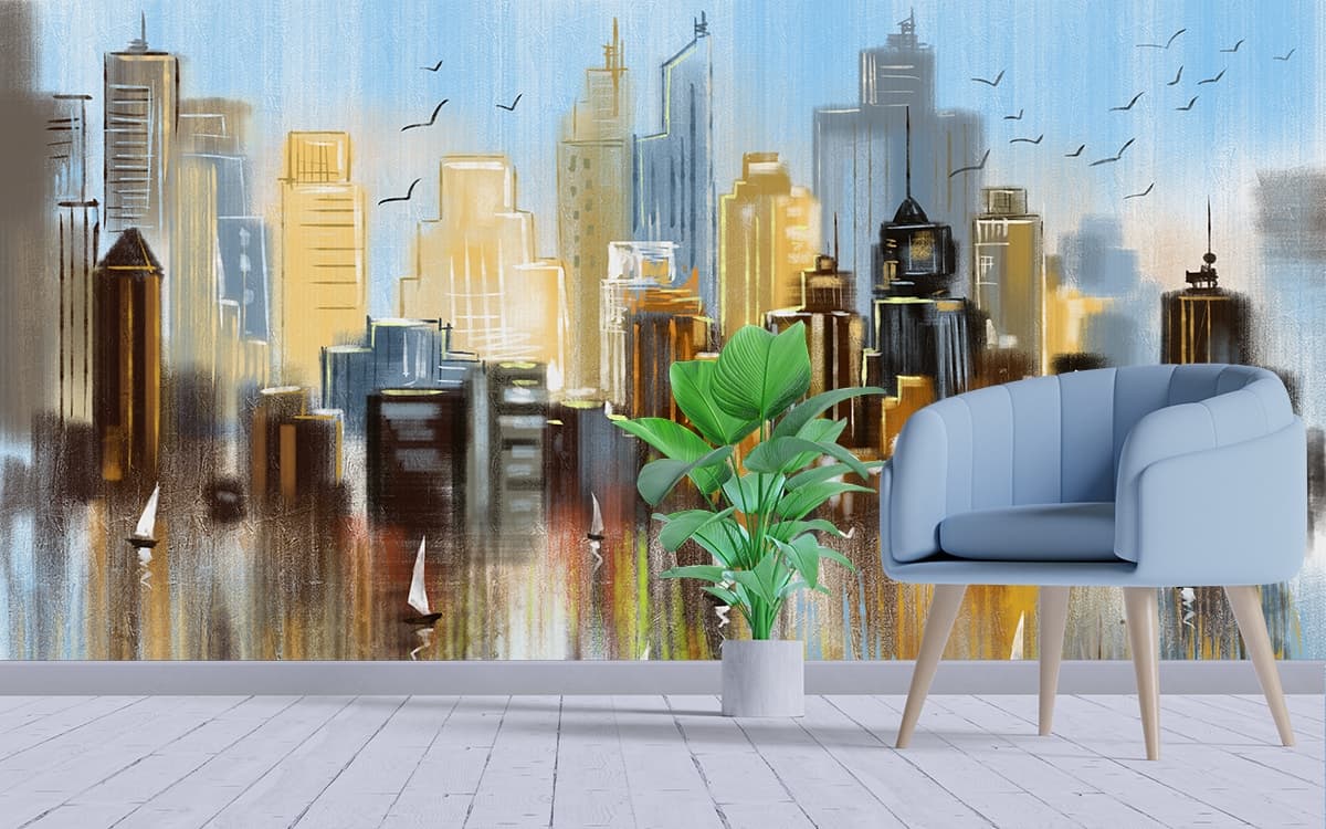 Premium Urban Water Scene with Sailboats Wallpaper shown in a room