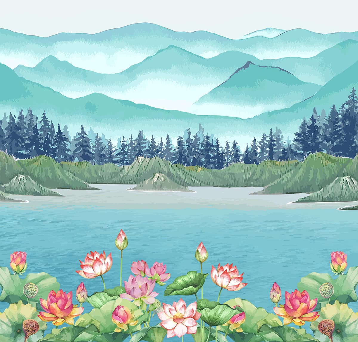 Water with Flowers and Mountains Scenic Wall Mural Wallpaper pattern detail