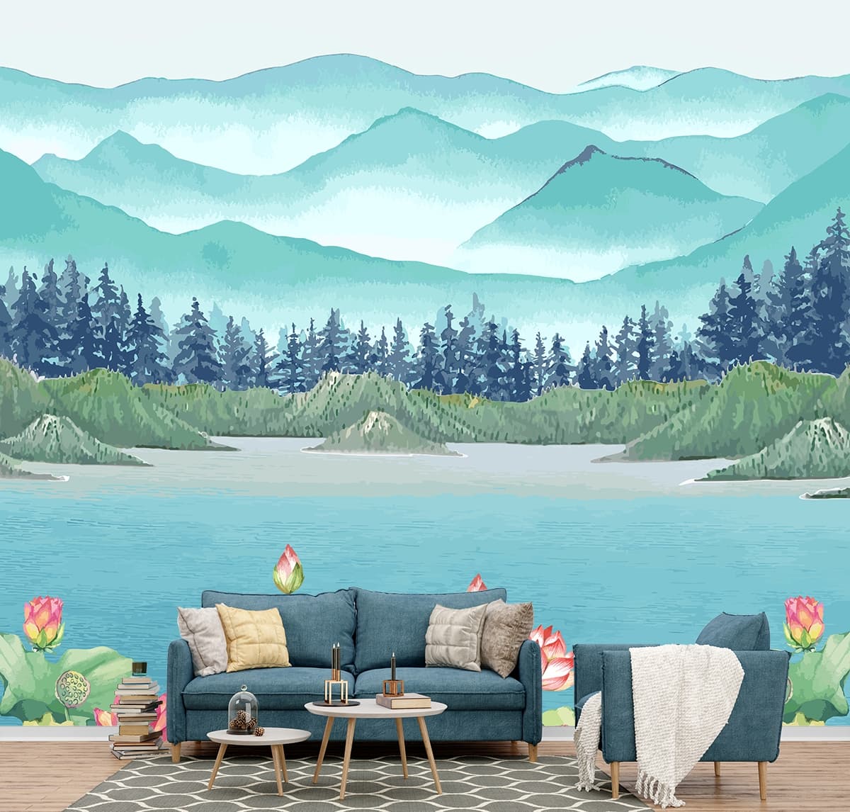 Water with Flowers and Mountains Scenic Wall Mural Wallpaper shown in a room