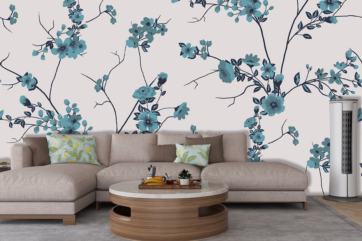 A pattern of blue flowers shown in a room