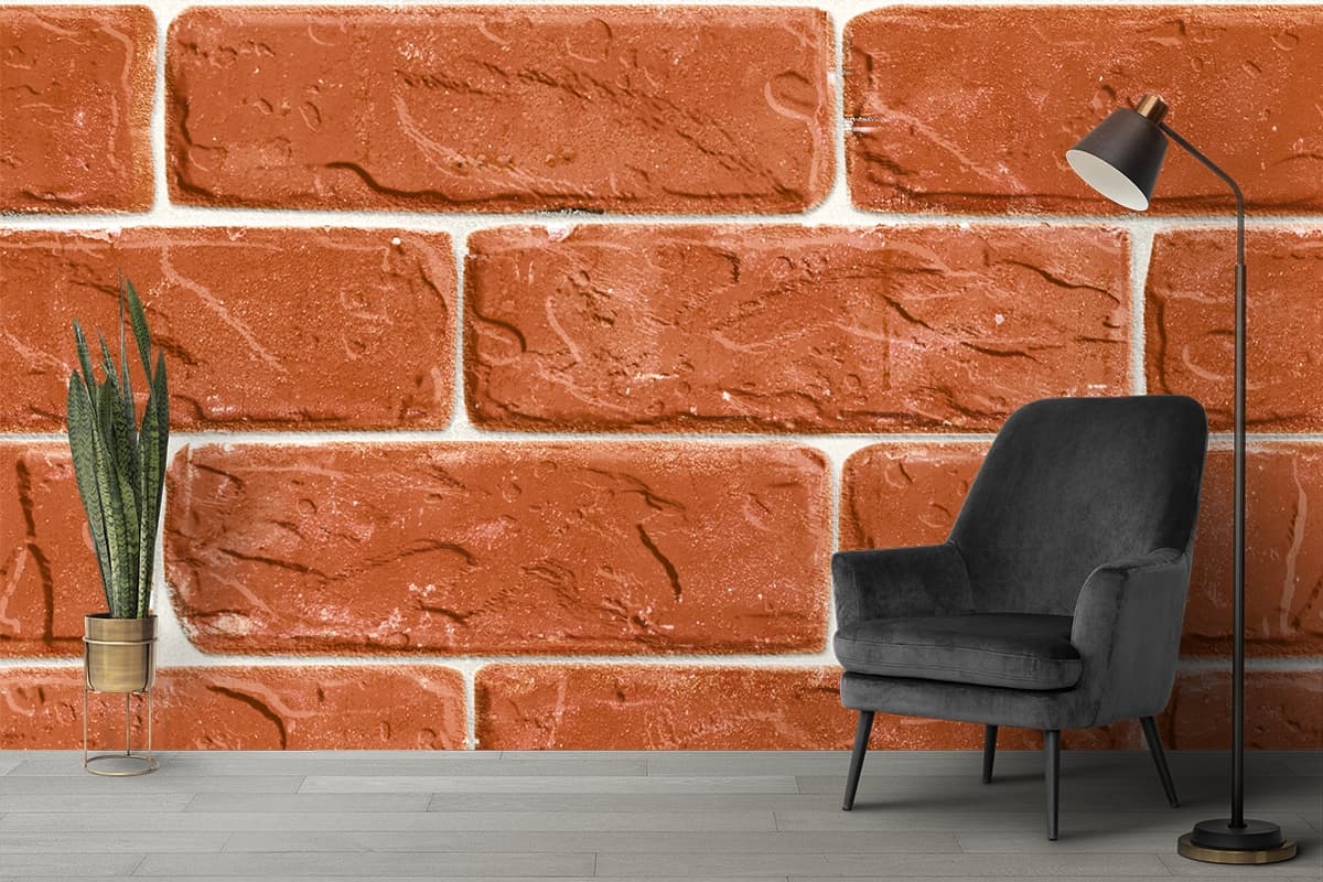 Close Up Rough Red Brick Industrial Art Wallpaper shown in a room