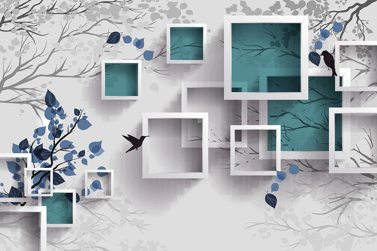 A wall mural with squares and birds pattern detail