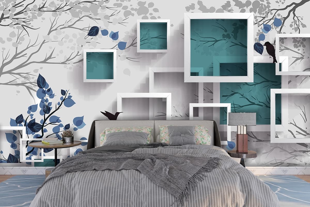 A wall mural with squares and birds shown in a room