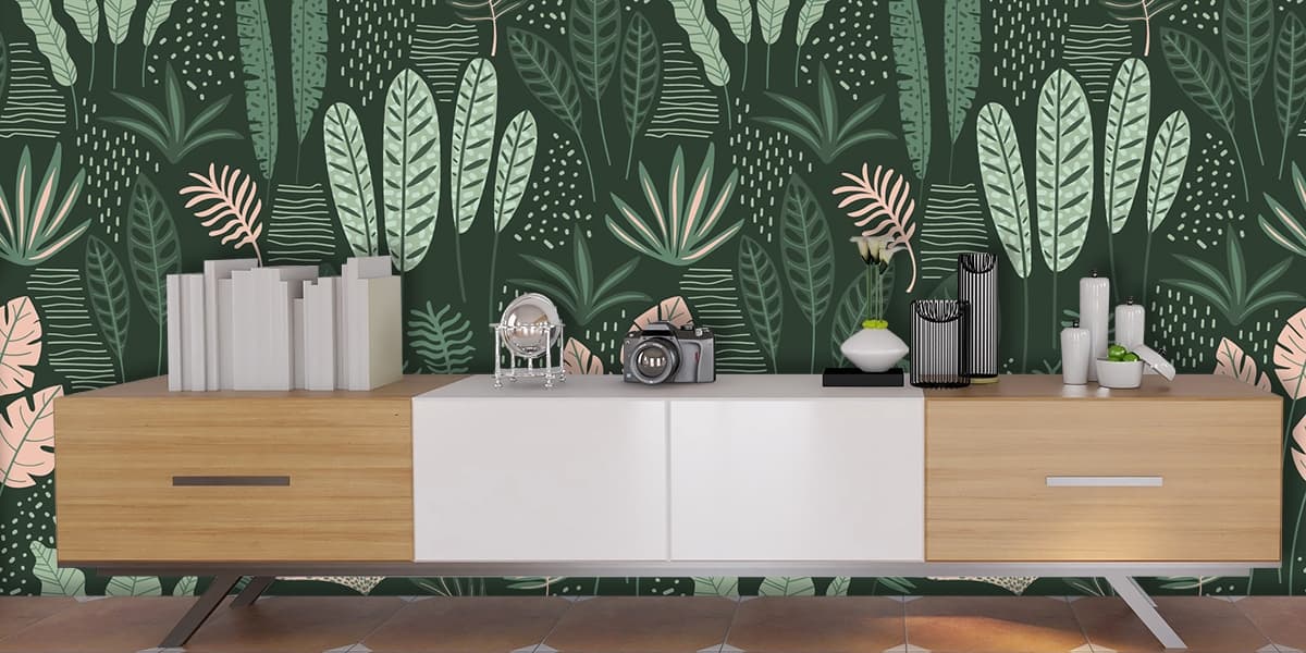 Botanical Leaves and Plants Pattern Wallpaper shown in a room