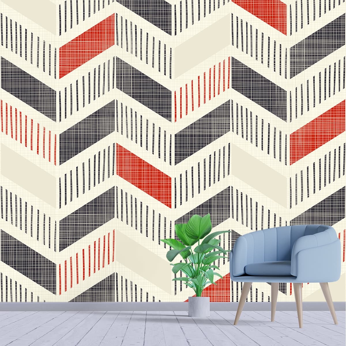 Premium Red Black Geometric Line Pattern Wallpaper shown in a room
