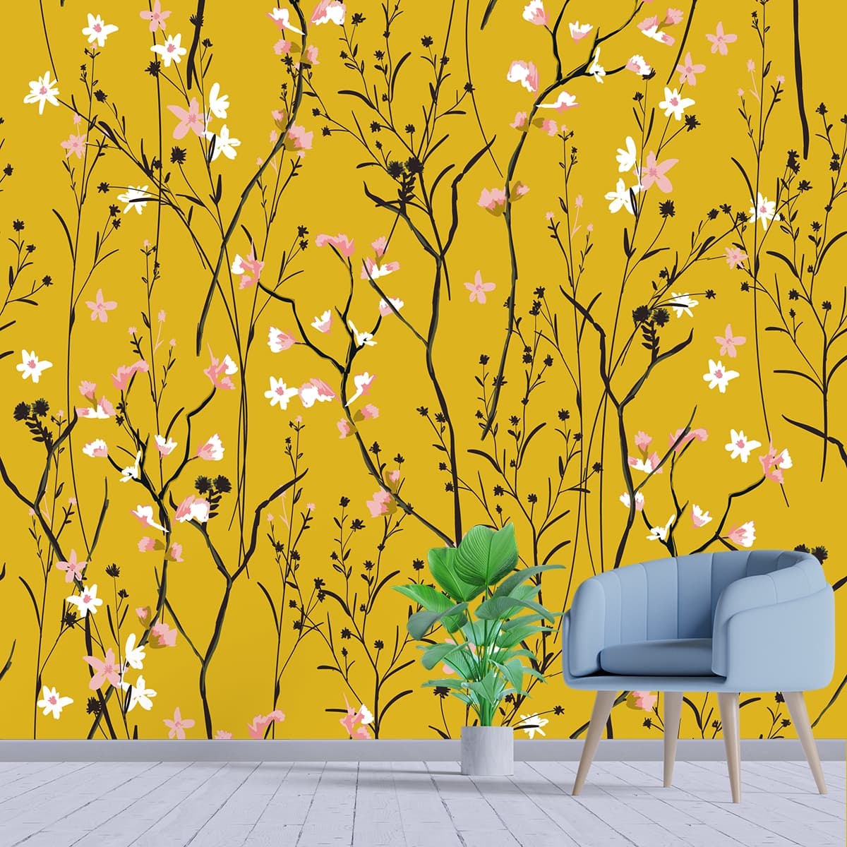 Chinoiserie Style Botanical Wallpaper shown in a room