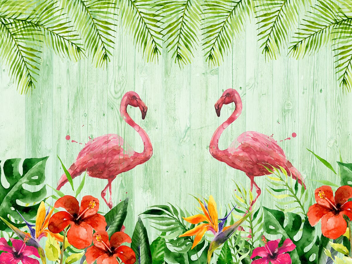 Tropical Flamingos and Floral Paradise Artistic Wallpaper pattern detail