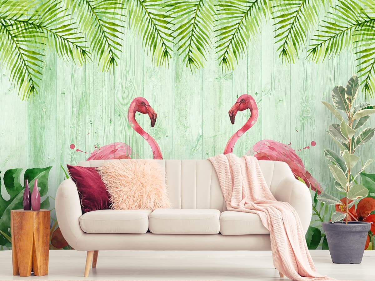 Tropical Flamingos and Floral Paradise Artistic Wallpaper shown in a room