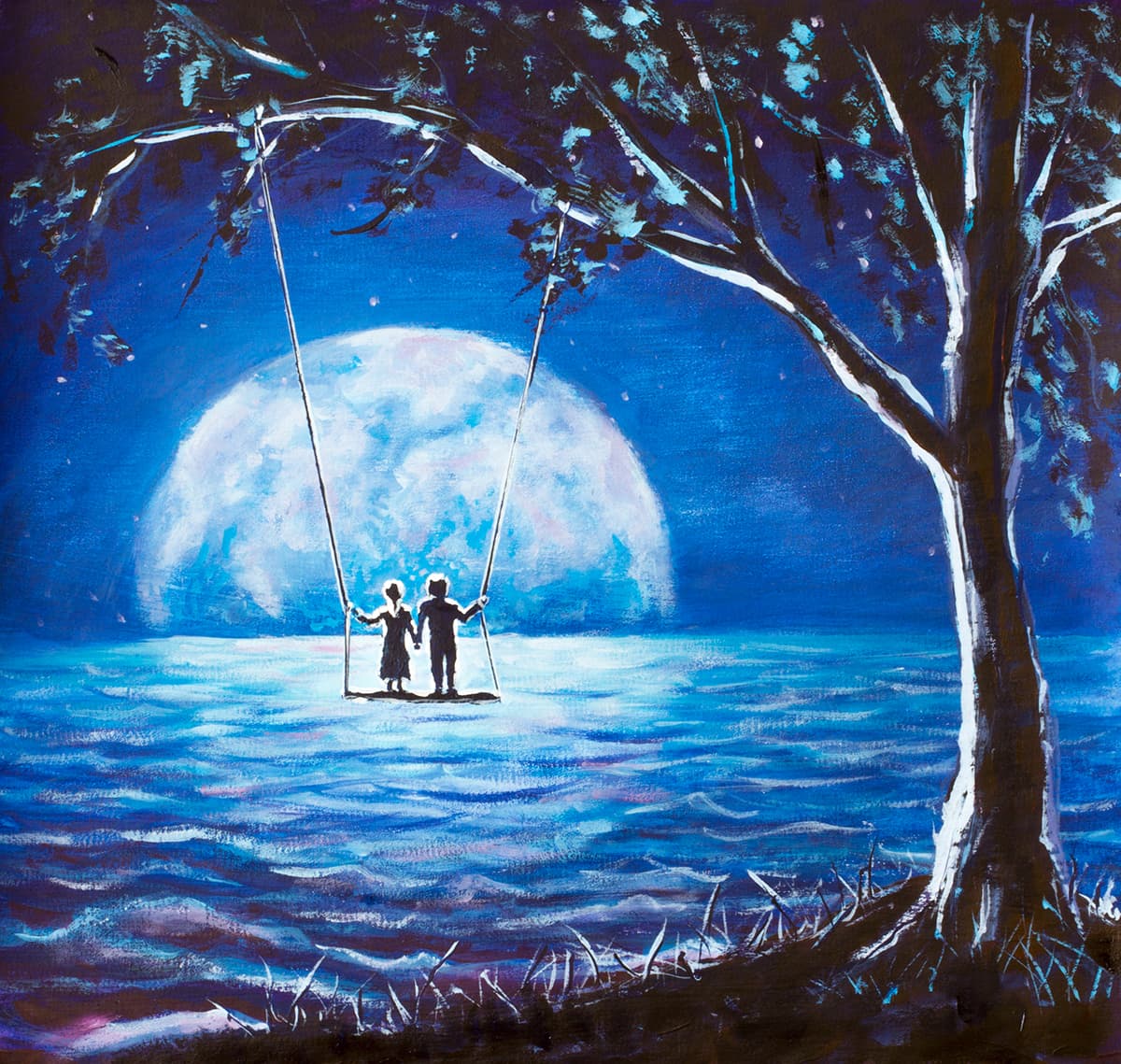 Moon and painting of two children wallpaper pattern detail