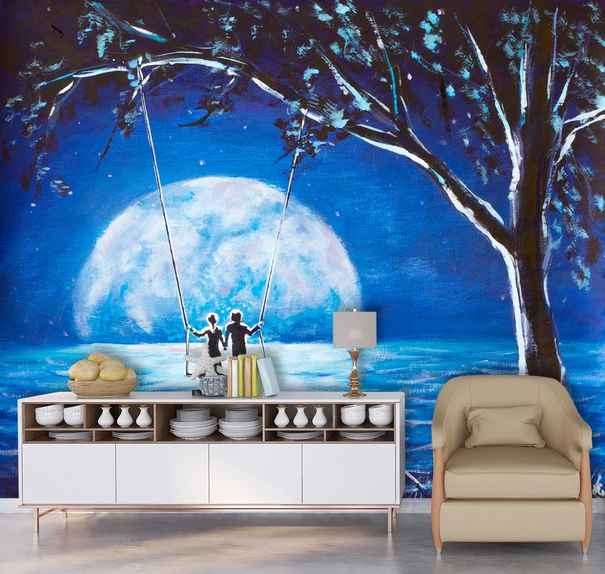 Moon and painting of two children wallpaper shown in a room
