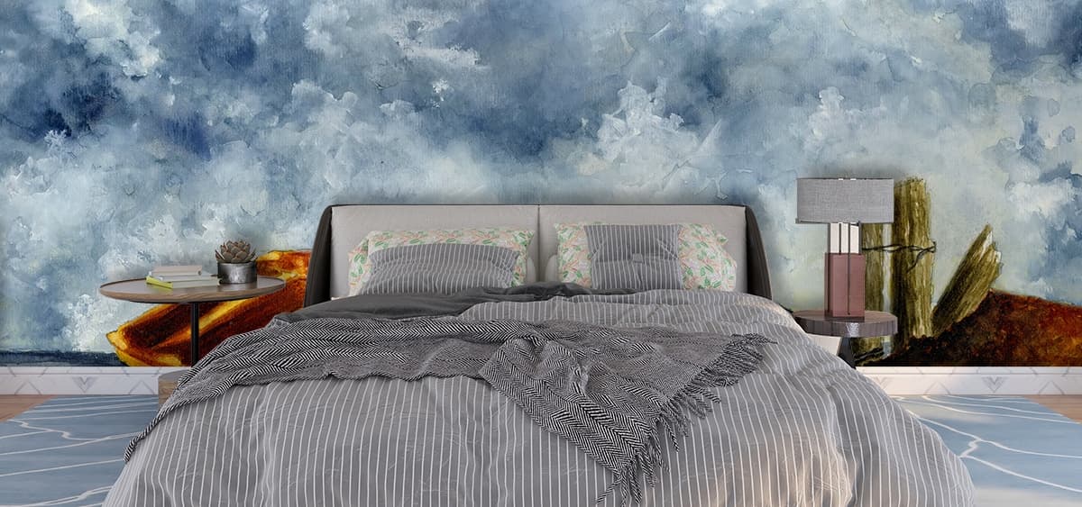 Minimal Beach Landscape with Single Boat Wallpaper shown in a room