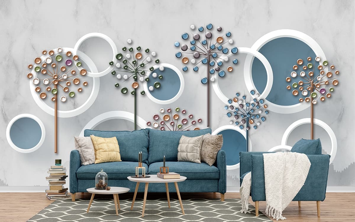 A wall art with circles and flowers shown in a room