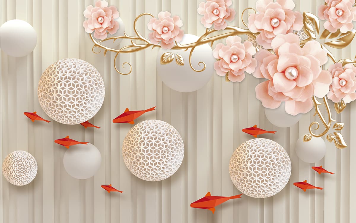 Stylish Flowers with Paper Fish Design Wallpaper pattern detail