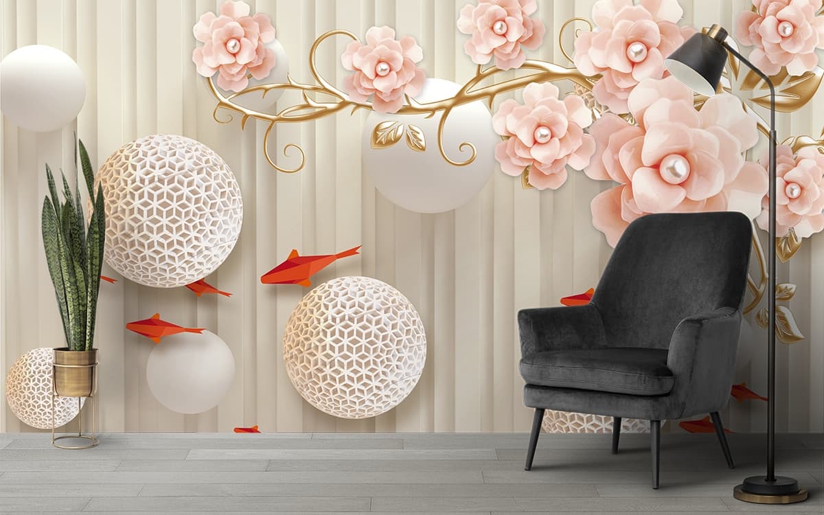 Stylish Flowers with Paper Fish Design Wallpaper shown in a room
