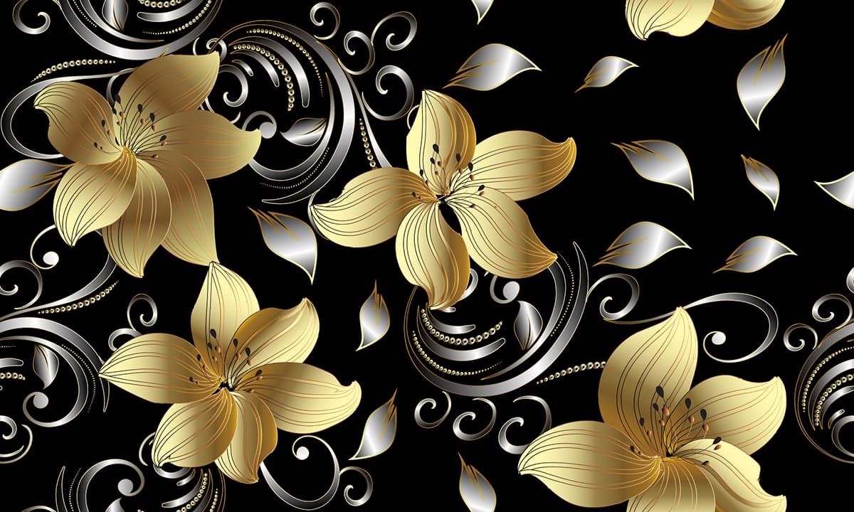 Gold and Silver Floral Pattern Black Background wallpaper pattern detail