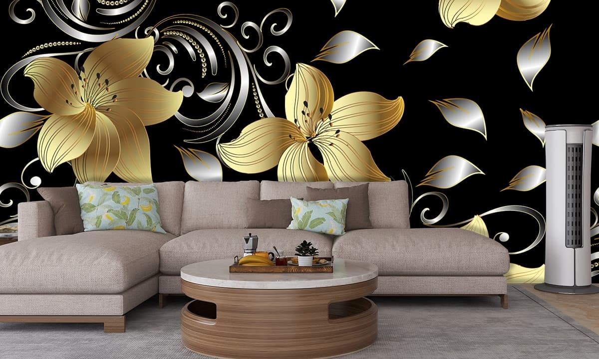 Gold and Silver Floral Pattern Black Background wallpaper shown in a room