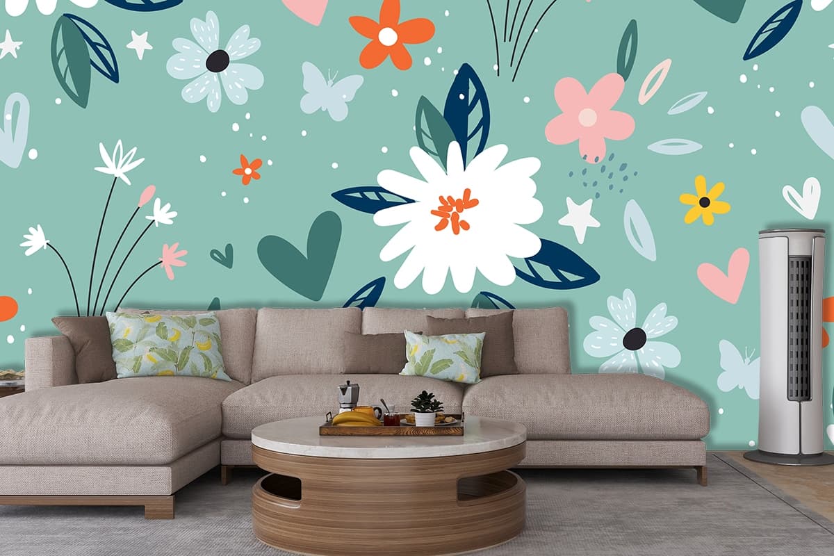 A pattern of flowers and hearts shown in a room