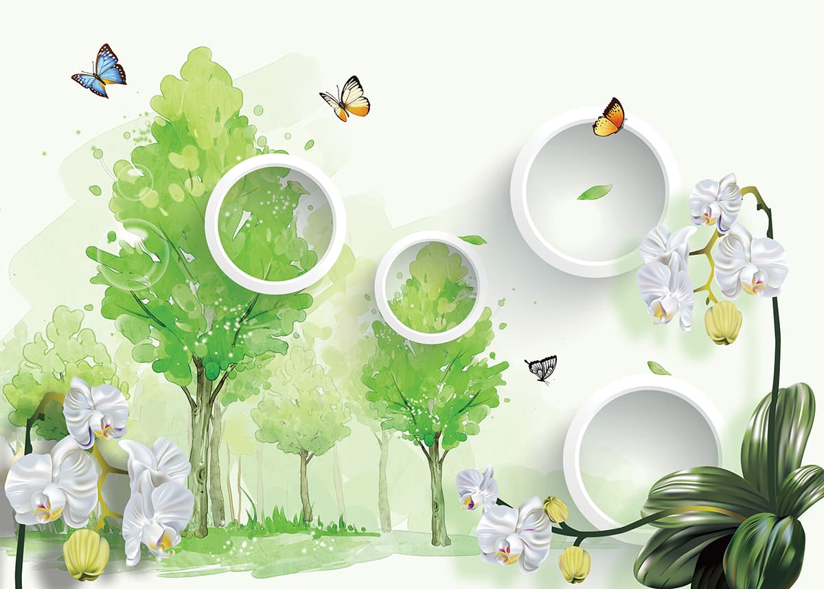 A wallpaper with butterflies and trees pattern detail