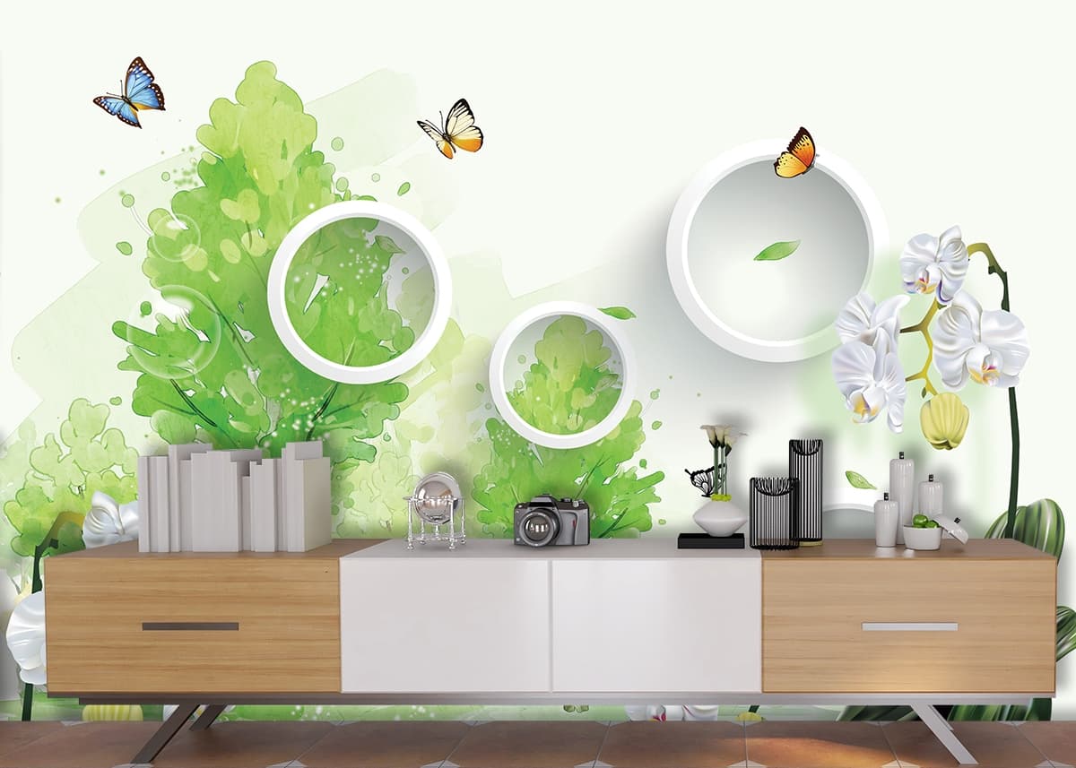 A wallpaper with butterflies and trees shown in a room