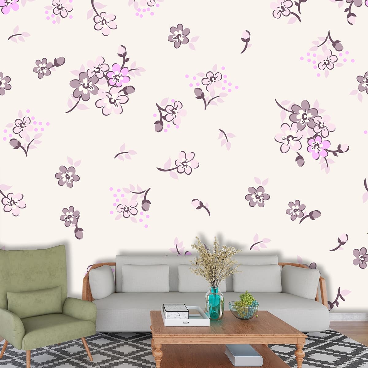 A pattern of flowers on a white background shown in a room