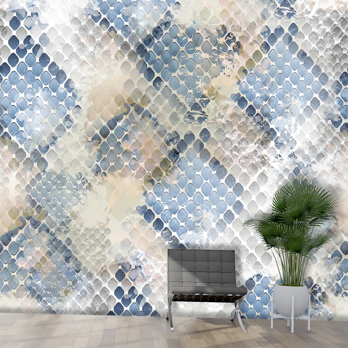 An Elegant Painting like Wallpaper with Geometric Texture shown in a room