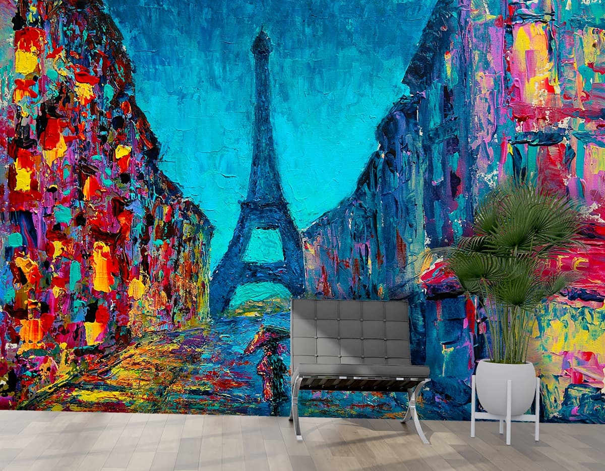Artistic Street View with Tower Scenic Wallpaper shown in a room