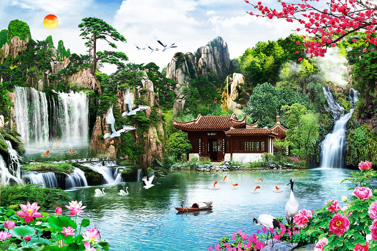 Peaceful Waterfall Garden with Structure and Birds Wallpaper pattern detail