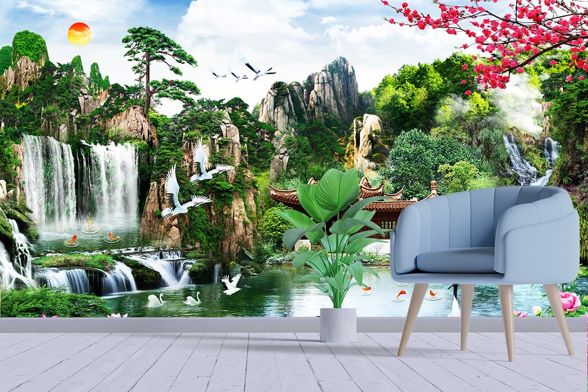 Peaceful Waterfall Garden with Structure and Birds Wallpaper shown in a room