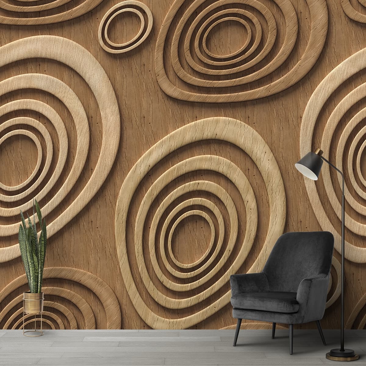 Elegant Carved Circle Wood Panel Design Wallpaper shown in a room