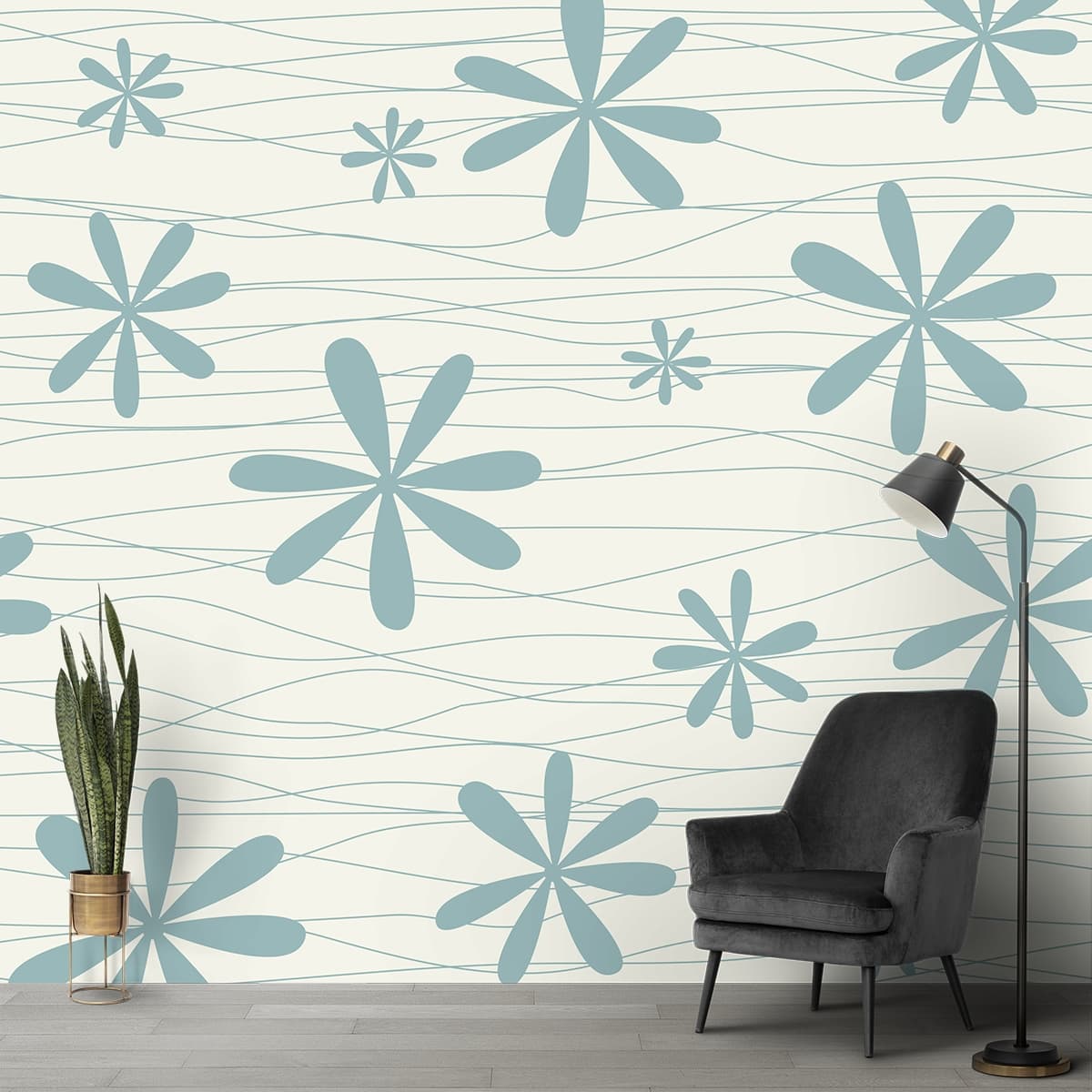 A pattern of blue flowers shown in a room