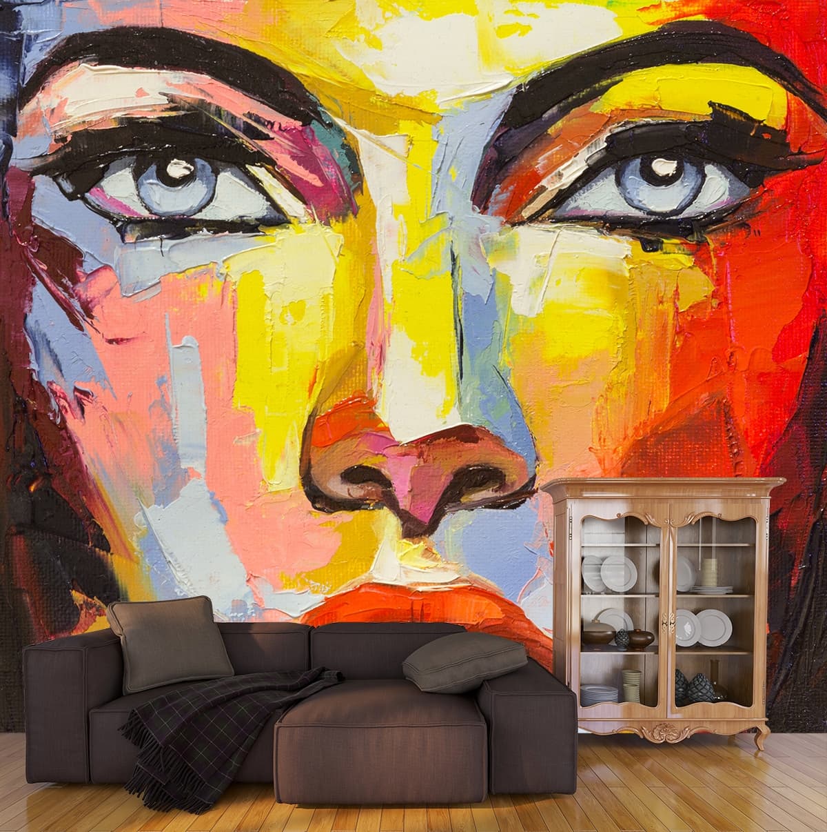 Elegant Portrait Woman's Face Mural Wallpaper shown in a room