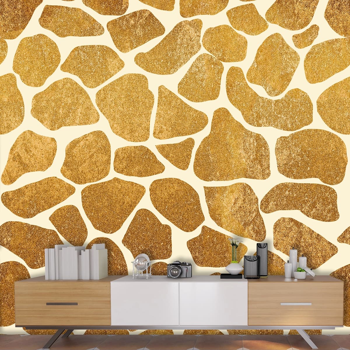 Elegant Gold Stone Pattern Metallic Wallpaper shown in a room